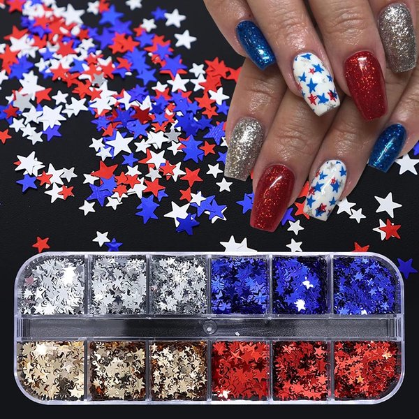 12 Grids 4th of July Nail Glitter Sequins 3D Star Nail Art Stickers Decals Holographic Red Blue Sliver Gold Star Nail Glitter Flakes Patriotic Star Glitter Nail Designs for Acrylic Nails Decoration