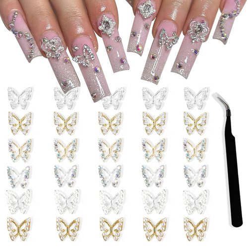ANGNYA 30Pcs Alloy Butterfly Nail Charms 3D Metal Butterfly Nail Gems Nail Rhinestones Shiny Crystal Nail Art Charms Nail Charms for Acrylic with tweezer for Nail Decoration Supplies