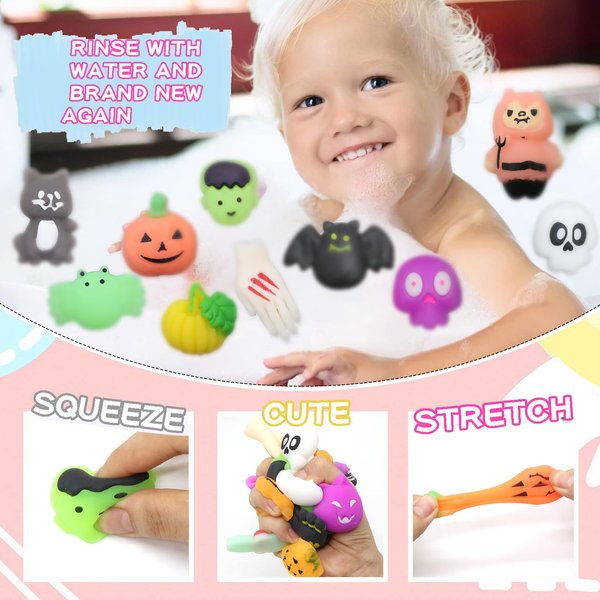 LIDIFC 50 Pcs Halloween Mochi Squishy Toys,Halloween Party Favourite Pumpkin Ghost Spider Squishies Halloween Toys,Mini Cute,Halloween Decorations Stress Relief Toys for Adults