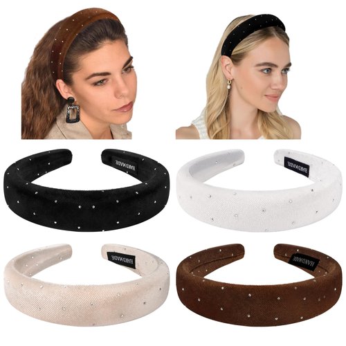 Exacoo Headbands for Women Non Slip Black Headbands for Girls White Headbands for Women's Hair Black Velvet Headband Hair Band Hair Accessories for Women Rhinestone Hair Bands Christmas Gifts 4PCS
