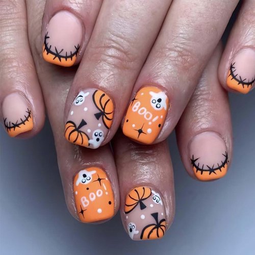 Orange Halloween Press on Nails Short Square Fake Nails Ghost with Pumpkin Design French Tip False Nails Matte Acrylic Nails Artificial Full Cover Stick on Nails for Women Manicure 24Pcs