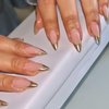 SINHOT Stiletto Press on Nails Long Almond Fake Nails Gold Glitter Acrylic Nails Glossy Glue on Nails French Tip Artificial Nails Stick on False Nails with Design 24 pcs