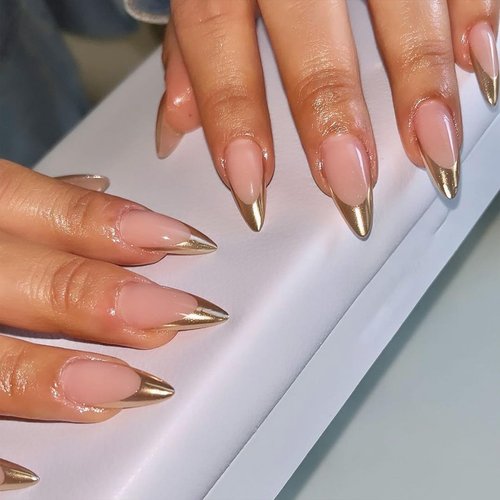 SINHOT Stiletto Press on Nails Long Almond Fake Nails Gold Glitter Acrylic Nails Glossy Glue on Nails French Tip Artificial Nails Stick on False Nails with Design 24 pcs