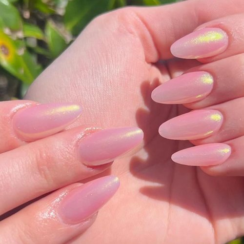 GLAMERMAID Press on Nails Medium Almond - Handmade Gel Nails | Pink Golden Glitter Galaxy Fake Nails Shinny Short Stiletto Shimmer Acrylic False Nail Kits Stick Glue on Nails for Women Party Nails