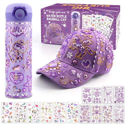 Valentine's Day Gifts for Kids 4 5 6 7 8 9 10 12 Years Old-Decorate Your Own Water Bottle Baseball Cap with Cute Stickers, Easter Gifts for Girls, Arts & Crafts for Girls, School Supplies for Girls