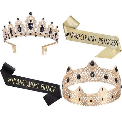 Saintrygo 4 Pcs Homecoming Prince and Homecoming Princess Prom Court Sashes Crowns 80s Prom Tiara Shiny Satin Cosplay (Dark Style)