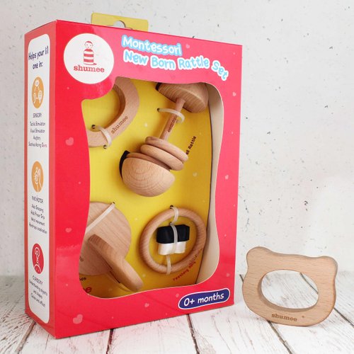 Shumee Wooden Multi-Stage Montessori Rattle & Teether 4 PCs Gift Set- Dumbell Shaped Rattle, Connecting Disc, Bear Teether, Teething Ring | Sensory Toy | Gifts for Newborns