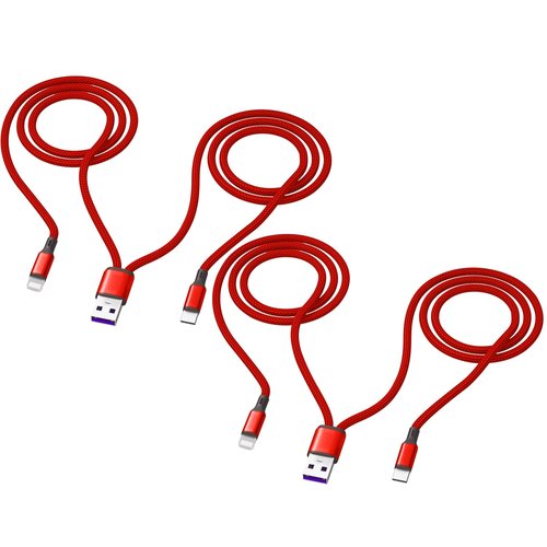 Multi Charging Cable 4FT 2Pack,2 in 1 Multiple USB-A to USB Type C + i-Phone,3A Dual USB C + IP, Nylon Cord,Compatible with Phone 14/13,Phone 15,iPad Pro/Air/Mini,Samsung,Google, Android,Tablets,Red