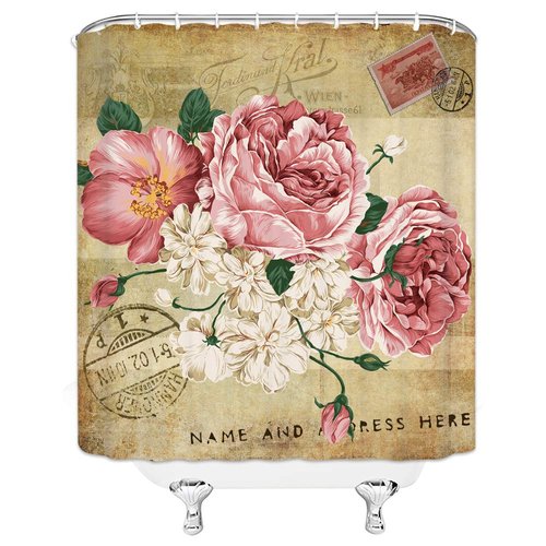 AMFD Retro Flower Shower Curtain Pink Rose Vintage Old Look Plant Envelope Art Bathroom Curtains Polyester Fabric Waterproof 70 X 70 Inches Include Hooks Tan Brown