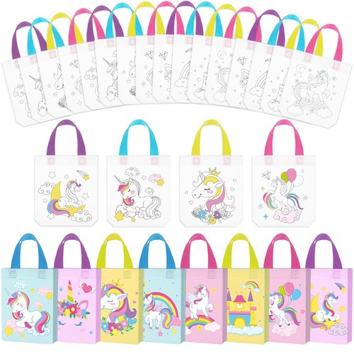 Kajaia 24 Pcs Coloring Goodie Bags Reusable Unicorn Party Favor Bags Coloring Totes Coloring Gift Bags for Boys Girls Birthday Party DIY Crafts Party Supplies