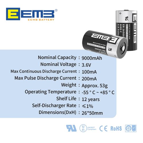 EEMB ER26500 C Size 3.6V Lithium Battery High Capacity Li-SOCL₂ Non-Rechargeable Battery LS26500 SB-C01 TL-2200 for Automobile tire Pressure Monitor,Smart Card,Electricity Meter,Wireless Tools