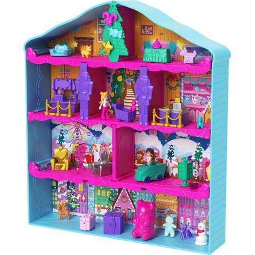 Polly Pocket Dolls Advent Calendar, Gingerbread House Playset with 24 Surprises, Dollhouse Furniture, Toy Car & Holiday Accessories