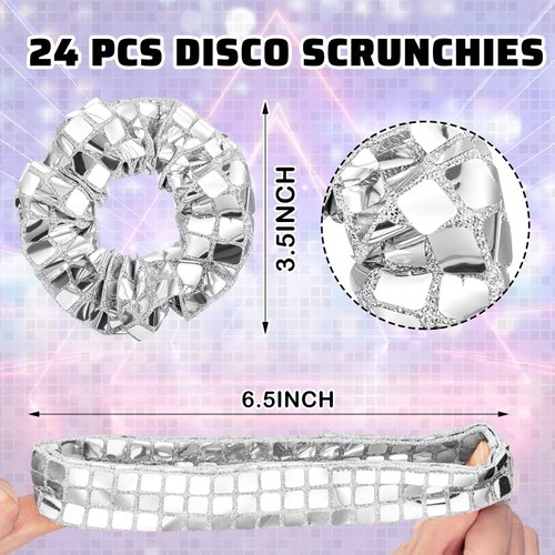 Lyrow 24 Pcs Disco Ball Sequin Hair Scrunchies Last Disco Bachelorette Party Favors Silver Metallic Hair Bobbles Elastics Ponytail Holders Mirror Disco Ball Retro 70s 80s 90s Disco Party Bridal Shower