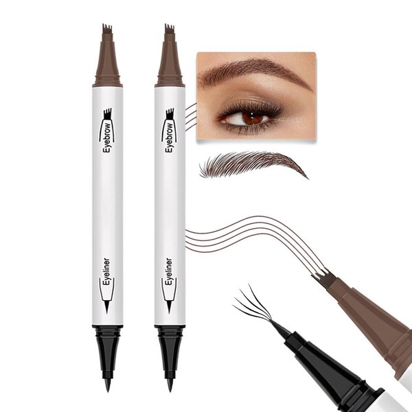 2Pcs Microblading Eyebrow Pen,Magical Precise Waterproof Brow Pen 2-in-1 Dual-Ended Eye Brow Pencil,Eyebrow Contouring Pen with 4-Fork-Tip&Precise Brush-Tip Creates Natural Brows Makeup,Dark Brown