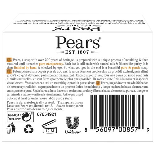 PEARS Soap, Face & Body Soap, Amber – Pure & Gentle Transparent Bar Soap, Moisturizing Glycerin Soap with Natural Oils for Pampered, Glowing Skin, 4.4 Oz (Pack of 6)