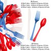 Nicole Fantini 411 PCS Combo American Flag Themed Red White and Blue Disposable Party Set 60 9'' Plastic Dinner Plates | Cups Paper Napkins 96 cutlery Spoons Forks & Knives 3 Rectangle Tablecloths