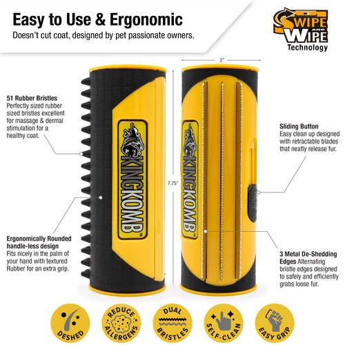 King Komb Multi-Use Pet Grooming Brush for Dogs, Cats, & Horses - Self Cleaning Deshedding Tool with Rubber Bristles for Grooming and Loose Hair Removal - Great for Short to Medium Coats