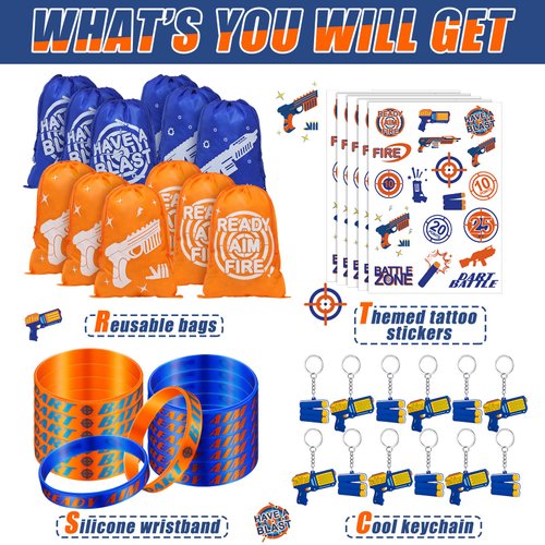 Sureio 138 Pcs Dart Battle Party Supplies Include Wars Party Goody Treat Bags Dart Themed Party Silicone Rubber Bracelet Wristbands Keychain Temporary Tattoos for Battle Birthday Party Favors