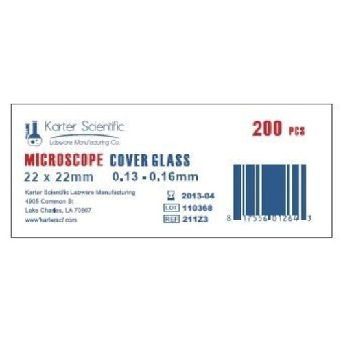 Standard Microscope Cover Slips, 1 Thick, 22x22mm, Karter Scientific 211Z3 (Pack of 200)