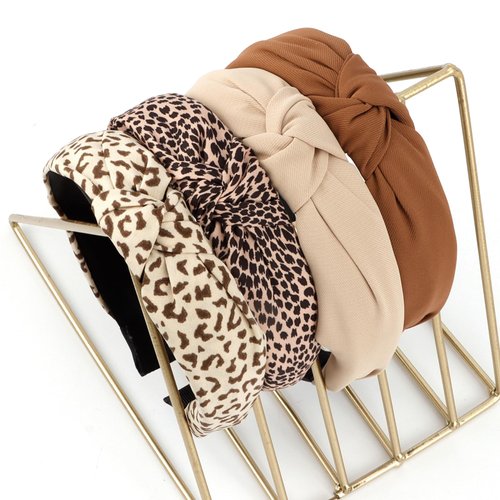 CUBACO 𝑪𝑼𝑩𝑨𝑪𝑶 4PCS Headbands for Women, Thick Brown Beige and Leopard Print Fashion Bow Knotted Headband for Women's Hair Non Slip, Cheetah Turban Wide Cross Knotted Fashion Headbands for Girls