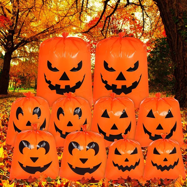 10Pcs Halloween Pumpkin Lawn Bags - Halloween Decorations Leaf Bags with 5 Designs, Halloween Party Favors Fall Halloween Trash Bags with Twist Ties for Yard Lawn Garden Halloween Decorations Outdoor