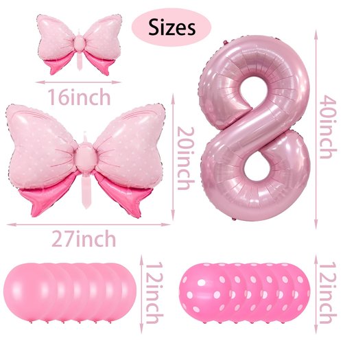 Pink Birthday Balloons Pink Bow Balloons 40 Inch Number Balloons Set for Pink Birthday Decorations 8 Year Old Girl Birthday Party Decoration Balloon Aluminum Film Balloon