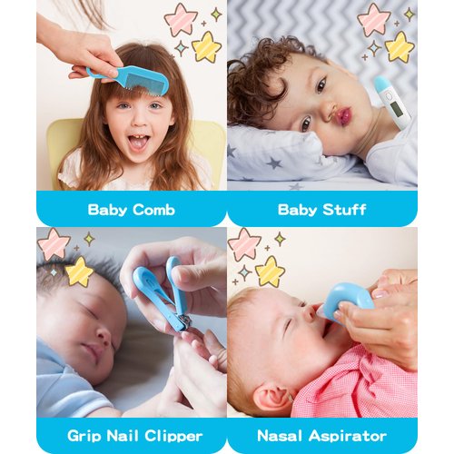 Baby Grooming and Healthcare Kit, Portable Baby Safety Care Set with Hair Brush Comb Nail Clipper Nasal Aspirator for Nursery Newborn Infant Girl Boy (20 in 1, Blue)