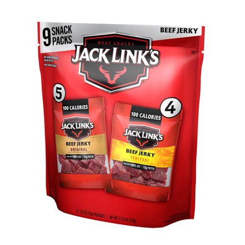 Jack Link's Beef Jerky Variety - Includes Original and Teriyaki Flavors, On the Go Snacks, 13g of Protein Per Serving, 9 Count of 1.25 Oz Bags (Pack of 1)