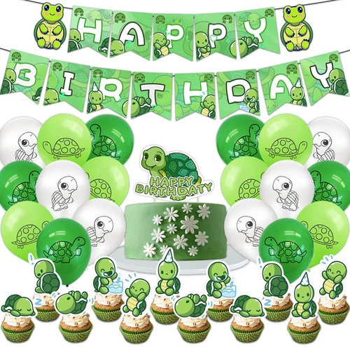 Turtle Birthday Decorations Cute Ocean Animals Party Supplies Kit 1 Happy Birthday Banner,18 Latex Balloons,1 Cake Topper,12 Cupcake Toppers for Baby Shower Kids Birthday