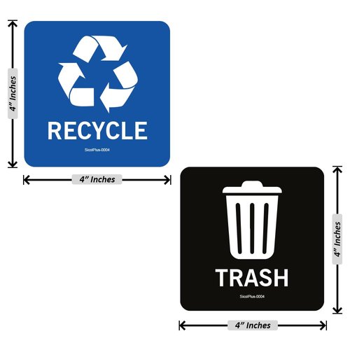 Sicol Plus Trash Recycle Stickers Recycle Bin Decals and Trash can Stickers UV Protected Indoor and Outdoor Self Adhesive Vinyl Stickers (4x4 Inch 04 Pcs Square)