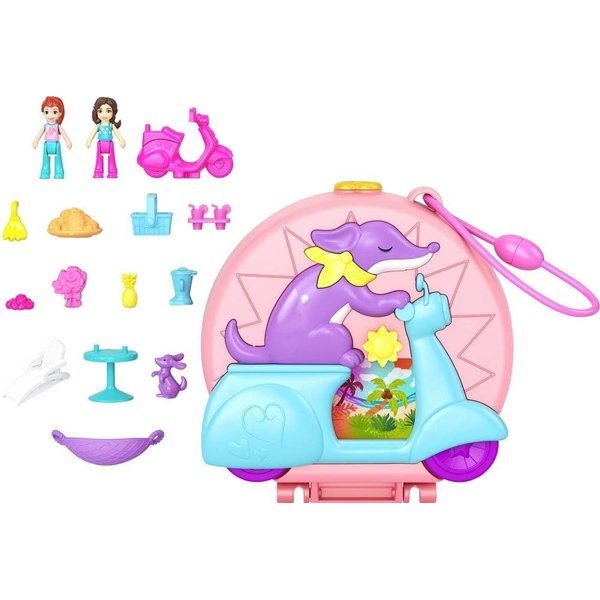 Polly Pocket Dolls and Playset, Adventure Moped Compact, Travel Toy with 2 Micro Dolls and Pet, Animal and Vehicle Accessories