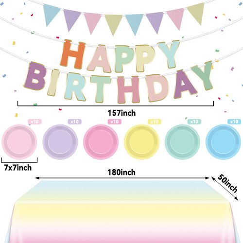 Pastel Rainbow Birthday Party Supplies Pastel Party decorations Disposable Dinnerware Set Include Rainbow Tablecloth Plates Happy Birthday Banner for Baby Shower Girls Wedding Party Decor