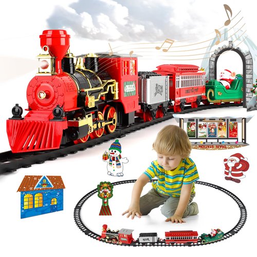 Christmas Train Set with Smoke, Light and Sounds, Kids Train Set, Toy Train Set for Around The Tree, Train Toy for Ages 3 4 5 6 7 8+ Years Old Boys, Black