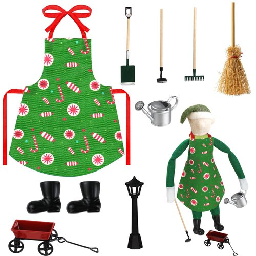 10Pcs Christmas Elf Doll Accessories Set, Elf Doll Garden Weeding Outfit Christmas Elf Clothing Boots Broom Spade Kettle Wagon Rake Streetlamp, Miniature Props, Xmas Elf Accessories Gifts