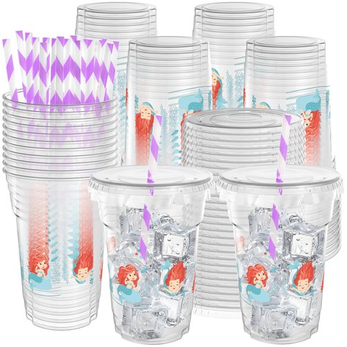 50 Pieces Mermaid Party Cups, 12 Oz Disposable Plastic Under the Sea Drinking Cups with Straws and Lids, Mermaid Tail Starfish Beverage Cups for Mermaid Birthday Baby Shower Party Supplies
