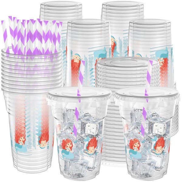 50 Pieces Mermaid Party Cups, 12 Oz Disposable Plastic Under the Sea Drinking Cups with Straws and Lids, Mermaid Tail Starfish Beverage Cups for Mermaid Birthday Baby Shower Party Supplies
