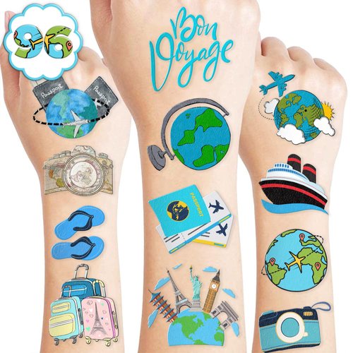 Travel Temporary Tattoos Bon Voyage Birthday Party Supplies Favors Decorations Adventure Awaits World Travel Super Cute 96 PCS Tattoos Stickers for Kids Boys School Classroom Rewards Gifts Ideal