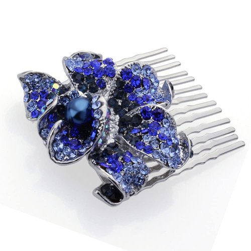 Medium Decorative Hair Comb Rhinestone Crystal Rose Simulated Pearl Bridal Hair Comb, Blue