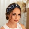 Formery Handmade Blue Flowers Headband Crystal Floral Hairband Wedding Prom Party Copper Wire Flower Bead Headpiece for Women and Girls