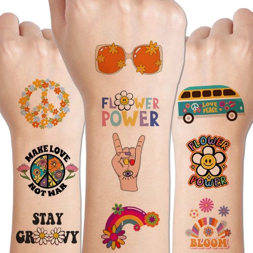 CHARLENT Hippie Temporary Tattoos for Kids - 79 PCS Groovy 70s Flower Power Peace and Love Tattoos for Boys Girls Birthday Party Supplies
