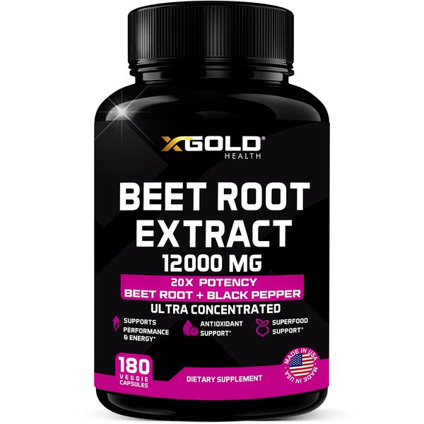 Beet Root Extract Capsules - 12000mg 20x Concentrated Beet Root Capsules Supplement w/Black Pepper - High Nitrates - Natural Nitric Oxide Booster - Highly Concentrated & Bioavailable -180 Veggie Caps