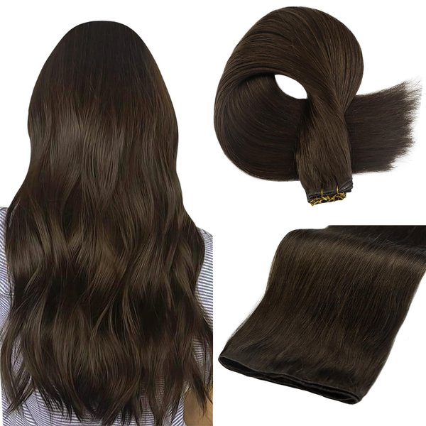 Full Shine Genius Weft Hair Extensions Hair Weft Extensions Brown Hair Extensions Sew In 16 Inch 50G Hand Tied Weft Real Human Hair Sew In Extensions Straight Hair Color Dark Brown