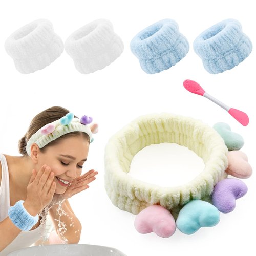 6 Pcs Headband for Women Washing Face, 1 Cute Spa Headband 4 Wrist Washband and 1 Double-Ended Face Mask Brush Soft Headband Set Skincare Makeup Headband Prevent Liquid from Spilling Down Your Arms