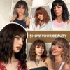 LOSMOEER Natural Brown Wig with Bangs Short Wavy Wigs for Women Shoulder Length Curly Bob Wigs Heat Resistant Synthetic Wigs for Halloween Cosplay Daily Party Use