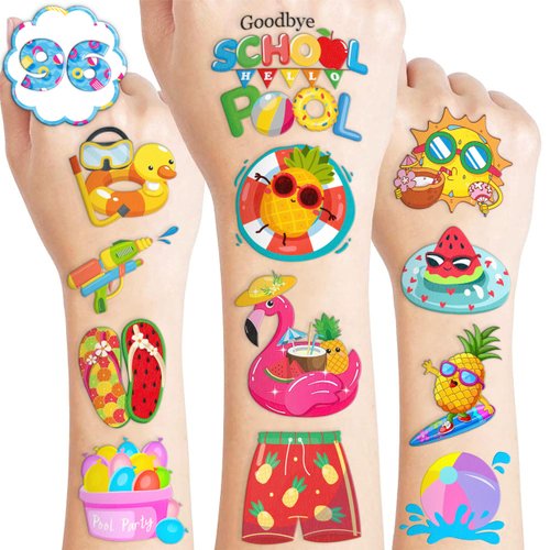 100PCS Colorful Summer Pool Beach Temporary Tattoos Stickers Themed Splish Splash Birthday Party Favors Decorations Supplies Tattoo Sticker Gifts For Boys Girls School Prizes Carnival Christmas