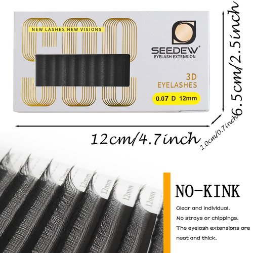 SEEDEW 3D Lash Extensions, 0.10mm C Curl MIX8-15mm 12 Rows/Tray, W Shape Flat Stem, PBT Natural Eyelash Grafting for Beginner Artist, Lash Tech, Beauty Salon(3D-Matte Black-0.10-C-MIX8-15mm)