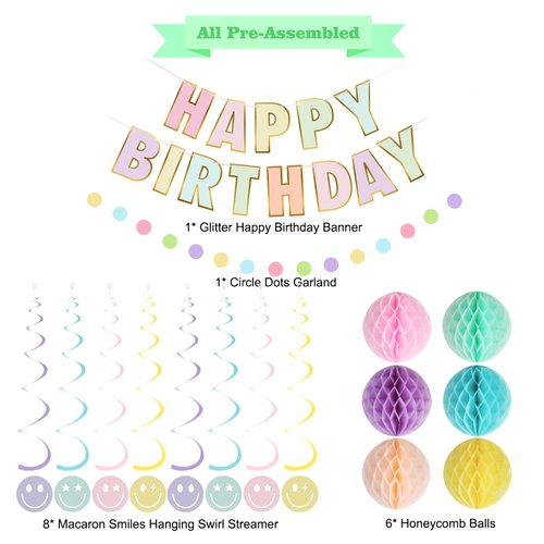 YEOCU Birthday Decorations, NO DIY, Pre-Strung Happy Birthday Banner with Honeycomb Balls, Hanging Swirls, Circle Dots Garland, Happy Birthday Party Decorations for Women Men Boys Girls (Pastel)