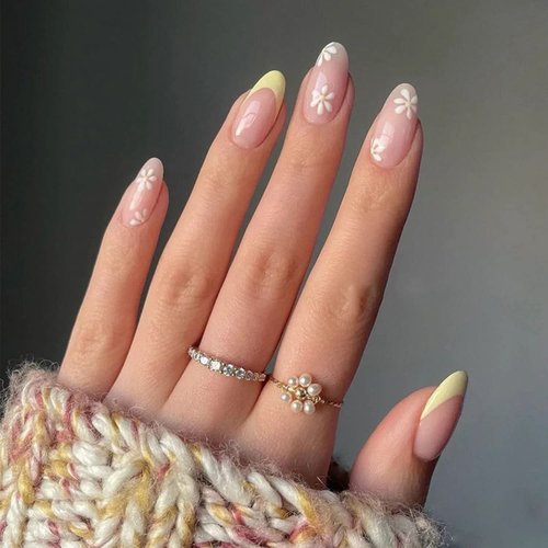 French Tip Press on Nails Almond Medium Fake Nails Nude False Nails with Flower Designs Spring Daisy Glue on Nails Yellow Nail Tip Stick on Nails Glossy Acrylic Nails for Women and Girls
