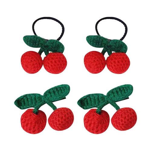 4 Pcs Red and Green Sweet Cherry Hair Clips and Hair Ties Handmade Crochet Fruit Hairpins Hair Ba...