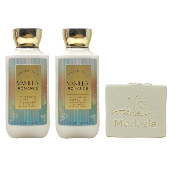 Bath & Body Works Vanilla Romance 2 Pack Body Lotion Set with a Natural Oats Bar Soap - Full Size